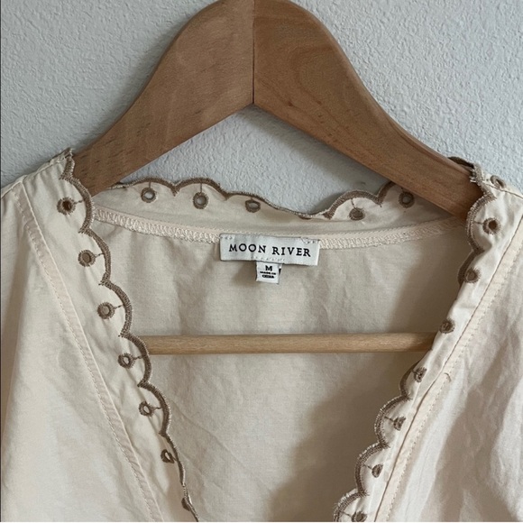 Moon River Eyelet Detail Set: Puff Sleeve Front Tie Top and Shorts in Ivory - Picture 8 of 8